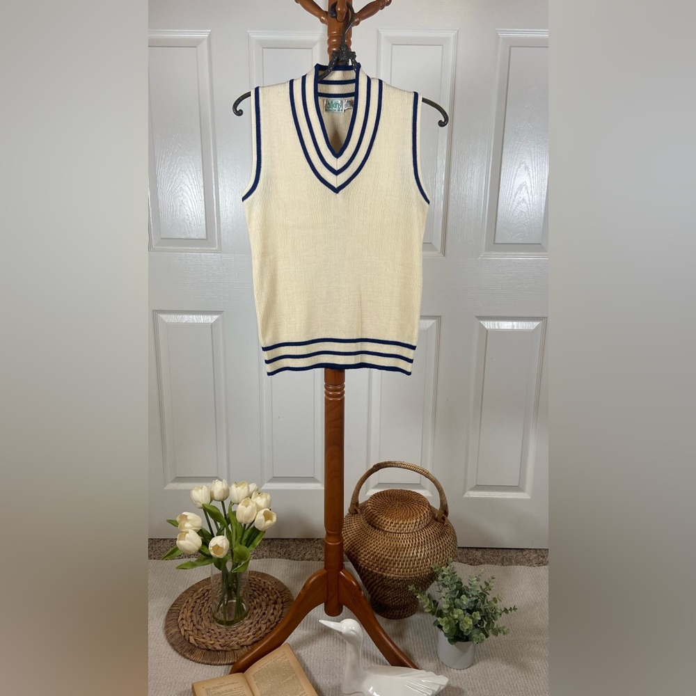 Vintage Preppy 80's Old Money Style Cream and Navy Trim Sweater Vest